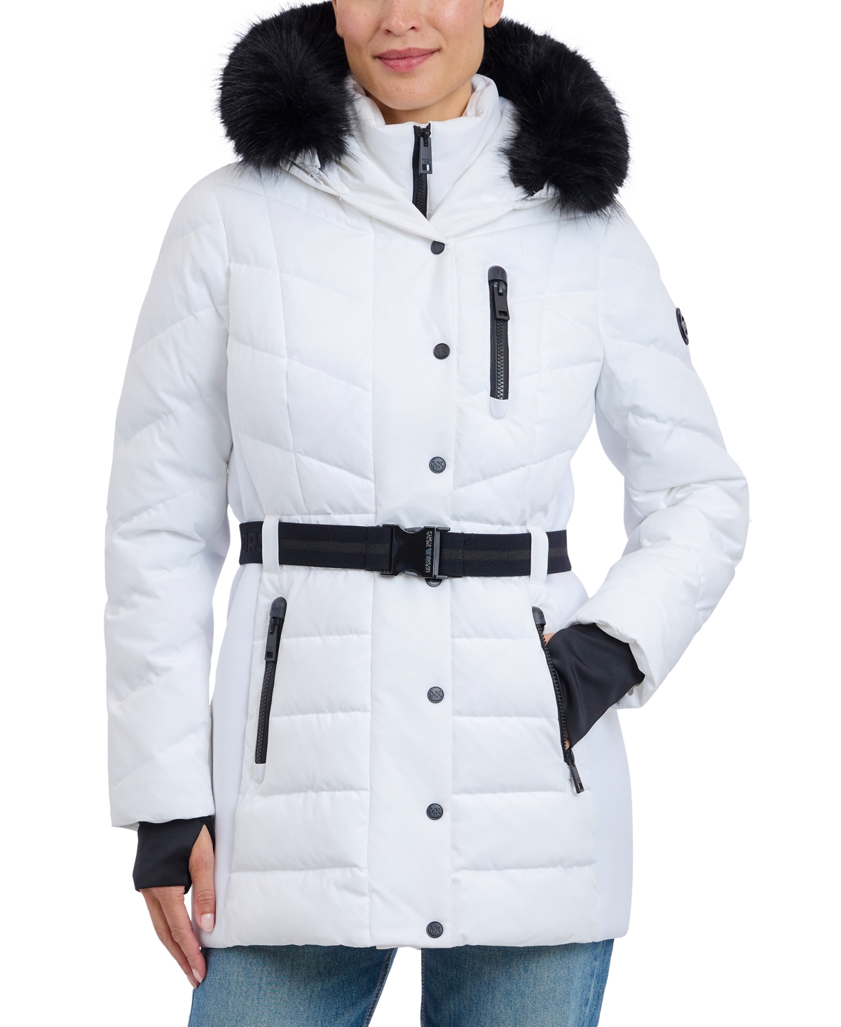 Michael kors white belted puffer jacket sale