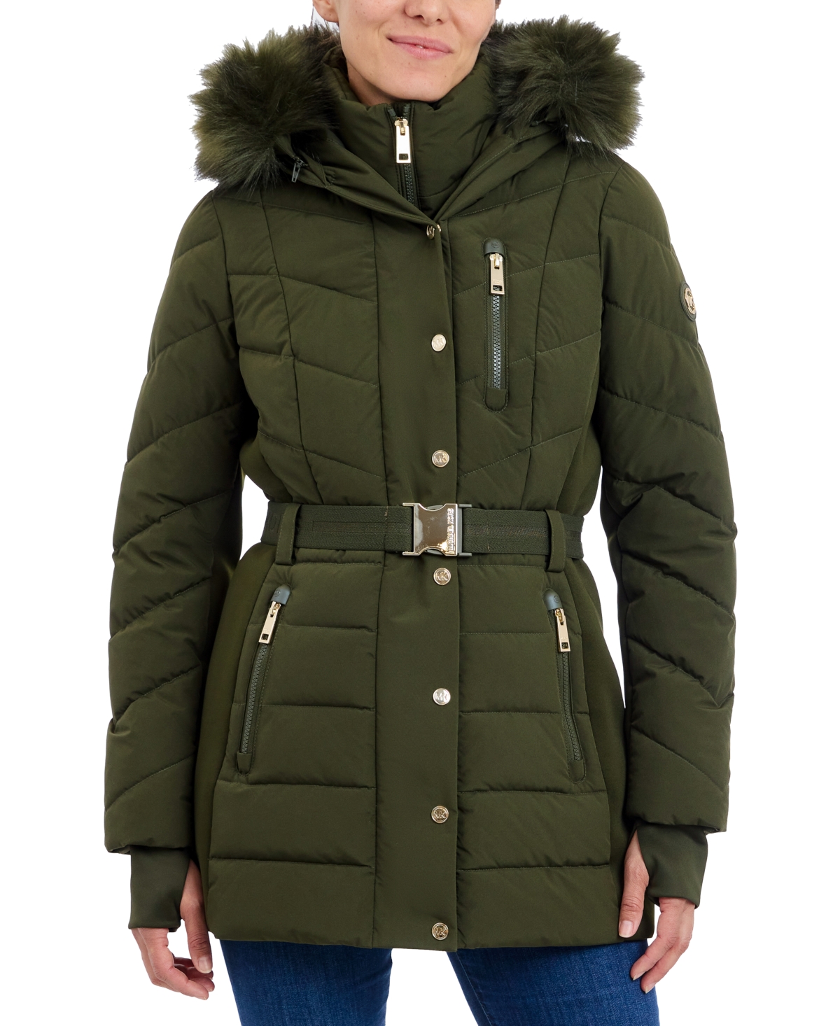 MICHAEL KORS MICHAEL MICHAEL KORS WOMEN'S BELTED BIBBED HOODED PUFFER COAT 