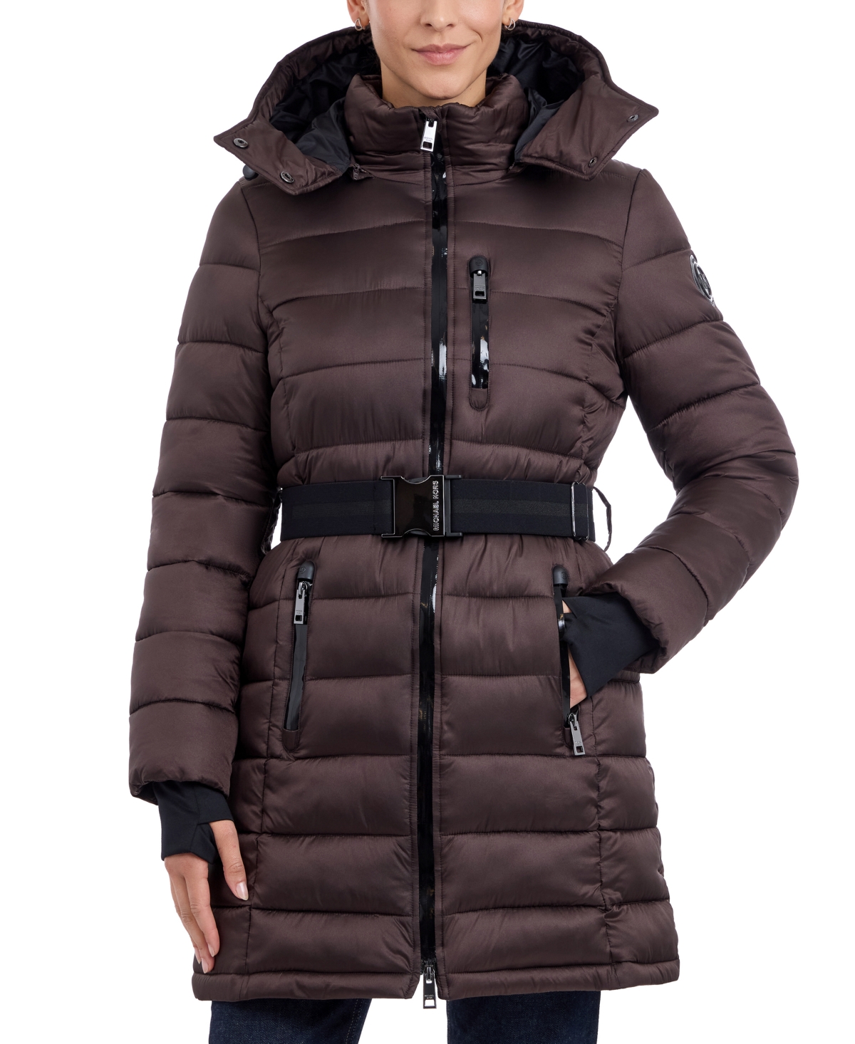 Michael Kors Michael  Women's Belted Hooded Puffer Coat, Created For Macy's In Chocolate