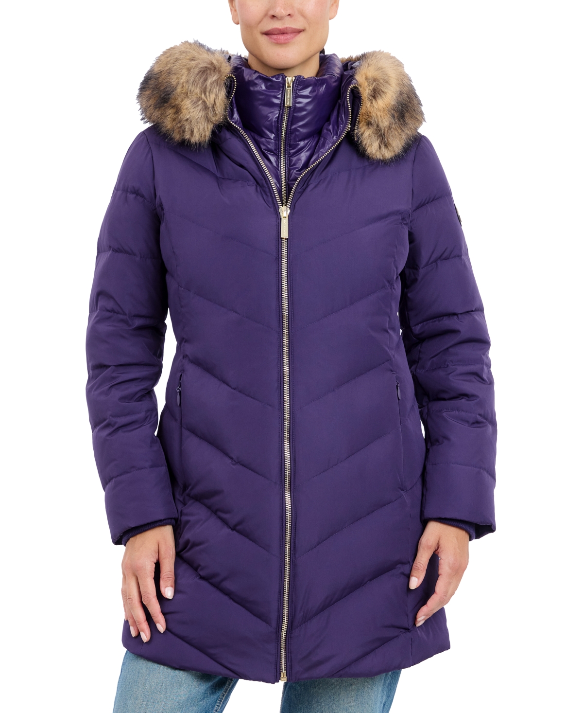 Michael kors faux fur trim hooded puffer coat sales