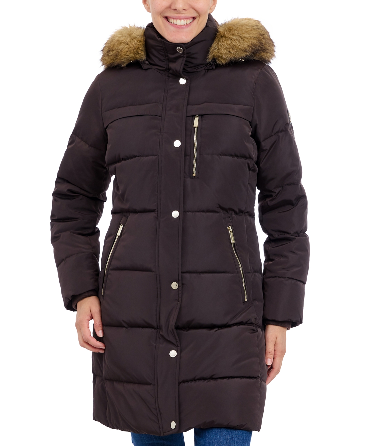 Michael Kors Michael  Plus Size Faux-fur-trim Hooded Puffer Coat, Created For Macy's In Chocolate