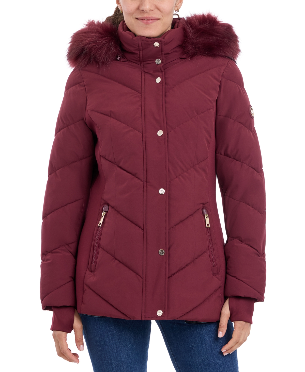 Michael Kors Michael  Women's Faux-fur-trim Hooded Puffer Coat, Created For Macy's In Dark Brandy