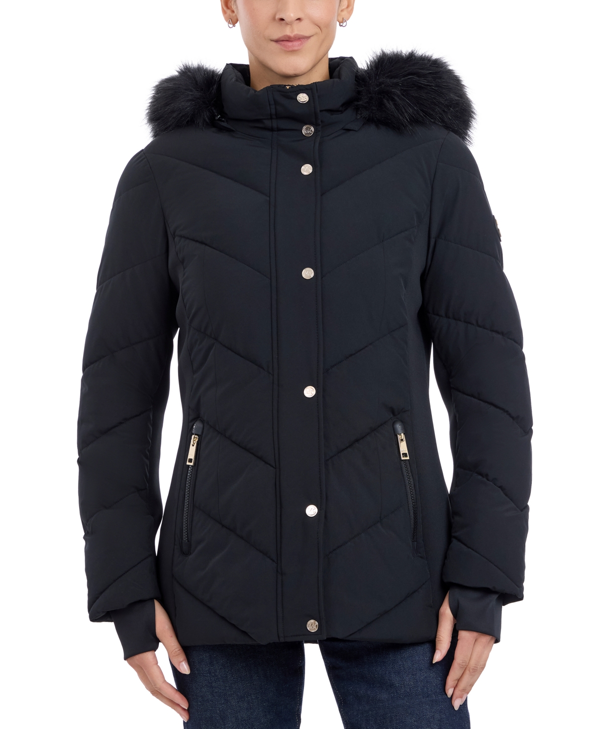 Michael Kors Michael  Women's Faux-fur-trim Hooded Puffer Coat, Created For Macy's In Black