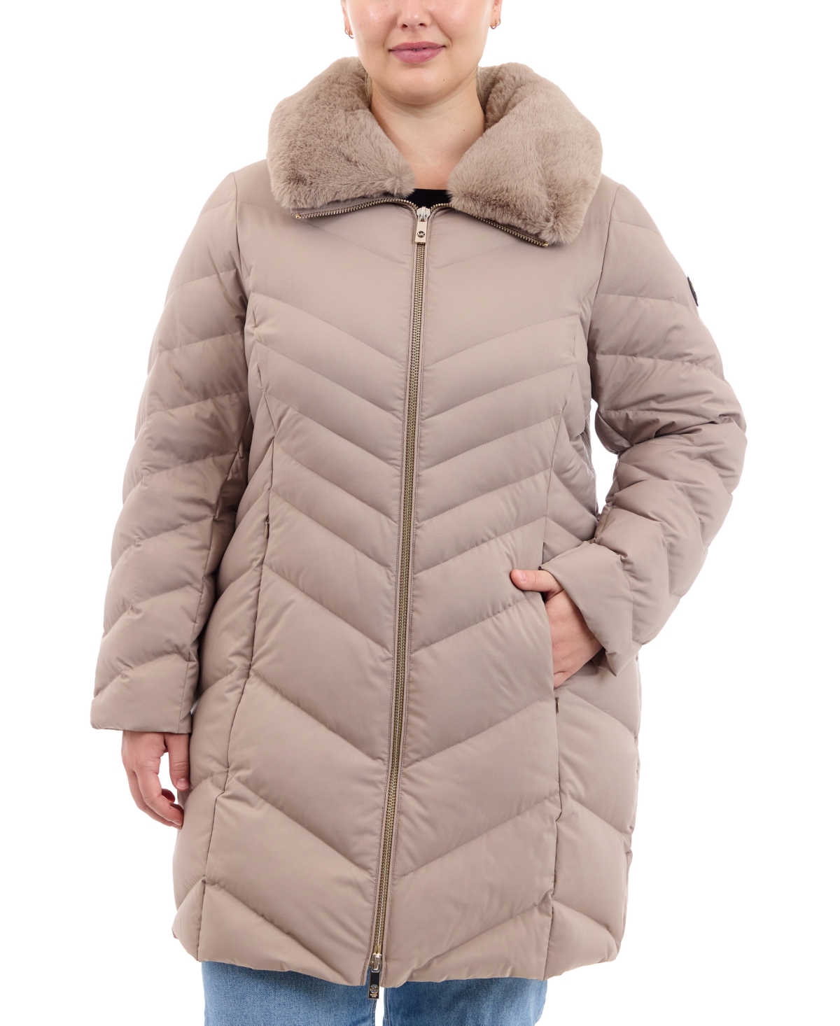 Michael Kors Michael Michael Kors Plus Size Faux Fur Collar Packable Puffer Coat Created for Macy s Taupe Smart Closet
