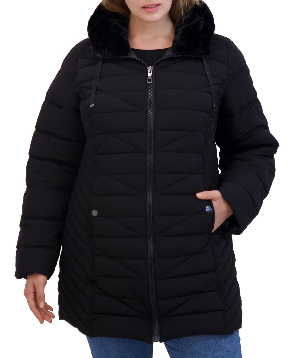 Nautica Women s Mix Knit Sleeve Hooded Packable Puffer Coat Black Smart Closet
