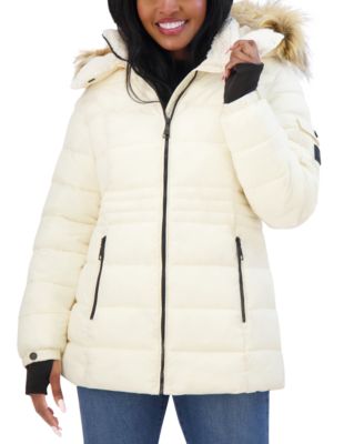 Store Steve Madden Juniors' Faux-Fur-Trim Hooded Shine Puffer Coat White Extra Large