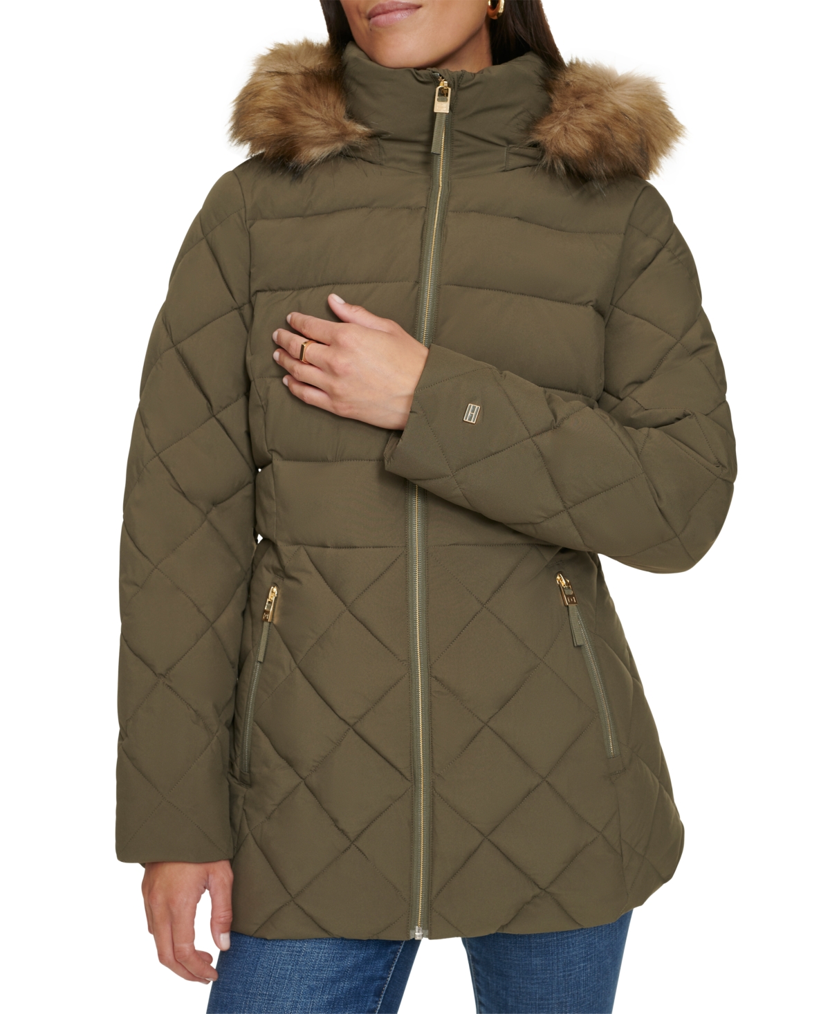 Tommy Hilfiger Women's Bibbed Faux-fur-trim Hooded Puffer Coat, Created For Macy's In Juniper