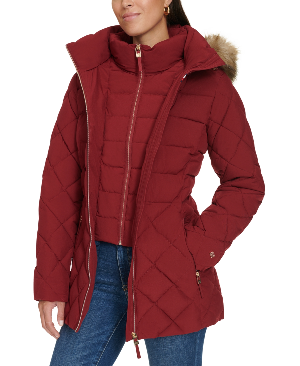 Tommy Hilfiger Women's Bibbed Faux-Fur-Trim Hooded Puffer Coat, Created for Macy's