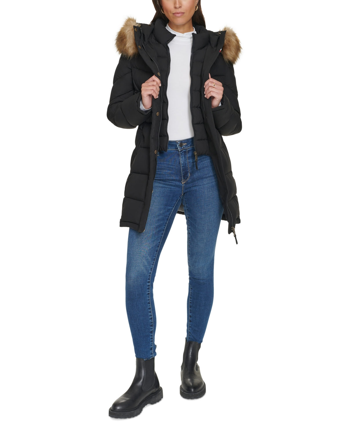 Tommy Hilfiger Women's Faux-fur-trim Hooded Puffer Coat, Created For Macy's In Black