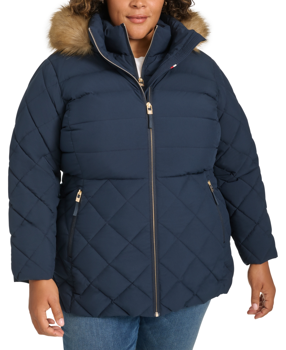 Tommy Hilfiger Plus Size Faux-fur-trim Hooded Puffer Coat, Created For Macy's In Navy