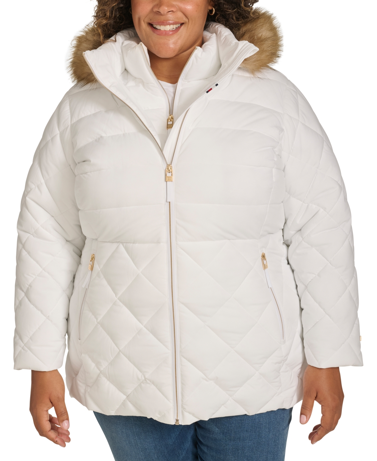 Tommy Hilfiger Plus Size Faux-fur-trim Hooded Puffer Coat, Created For Macy's In White