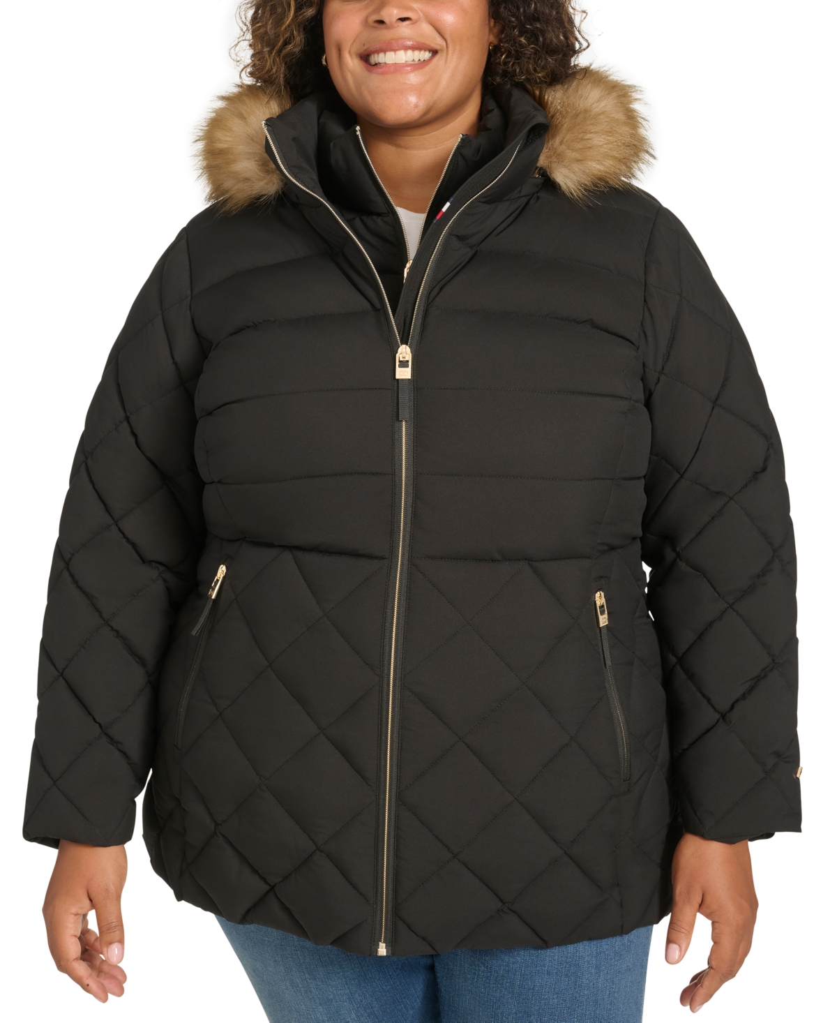 Tommy Hilfiger Plus Size Faux-fur-trim Hooded Puffer Coat, Created For Macy's In Black
