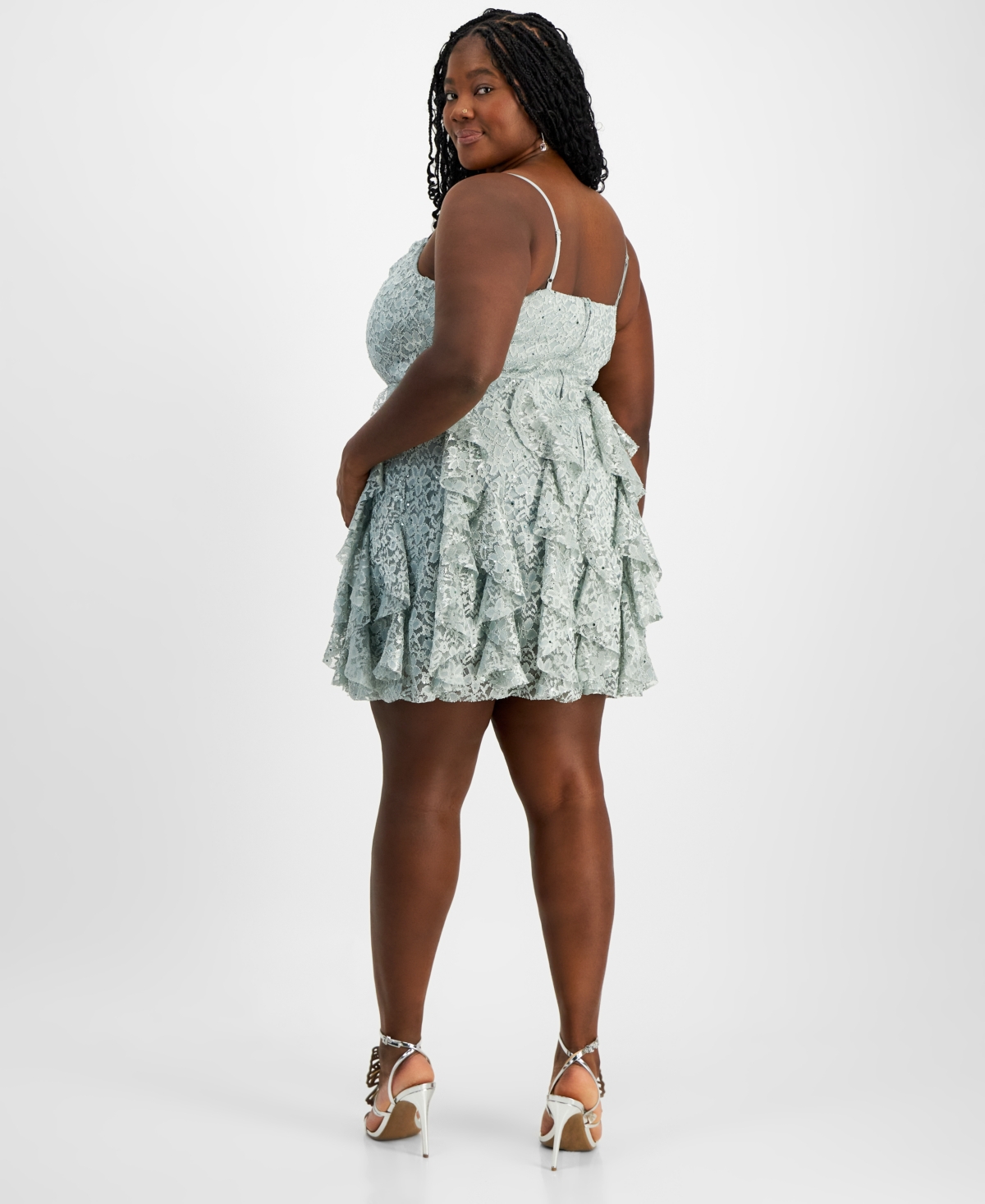Shop Pear Culture Plus Size Sequined Petal-lace Ruffle Mini Skirt In Sage