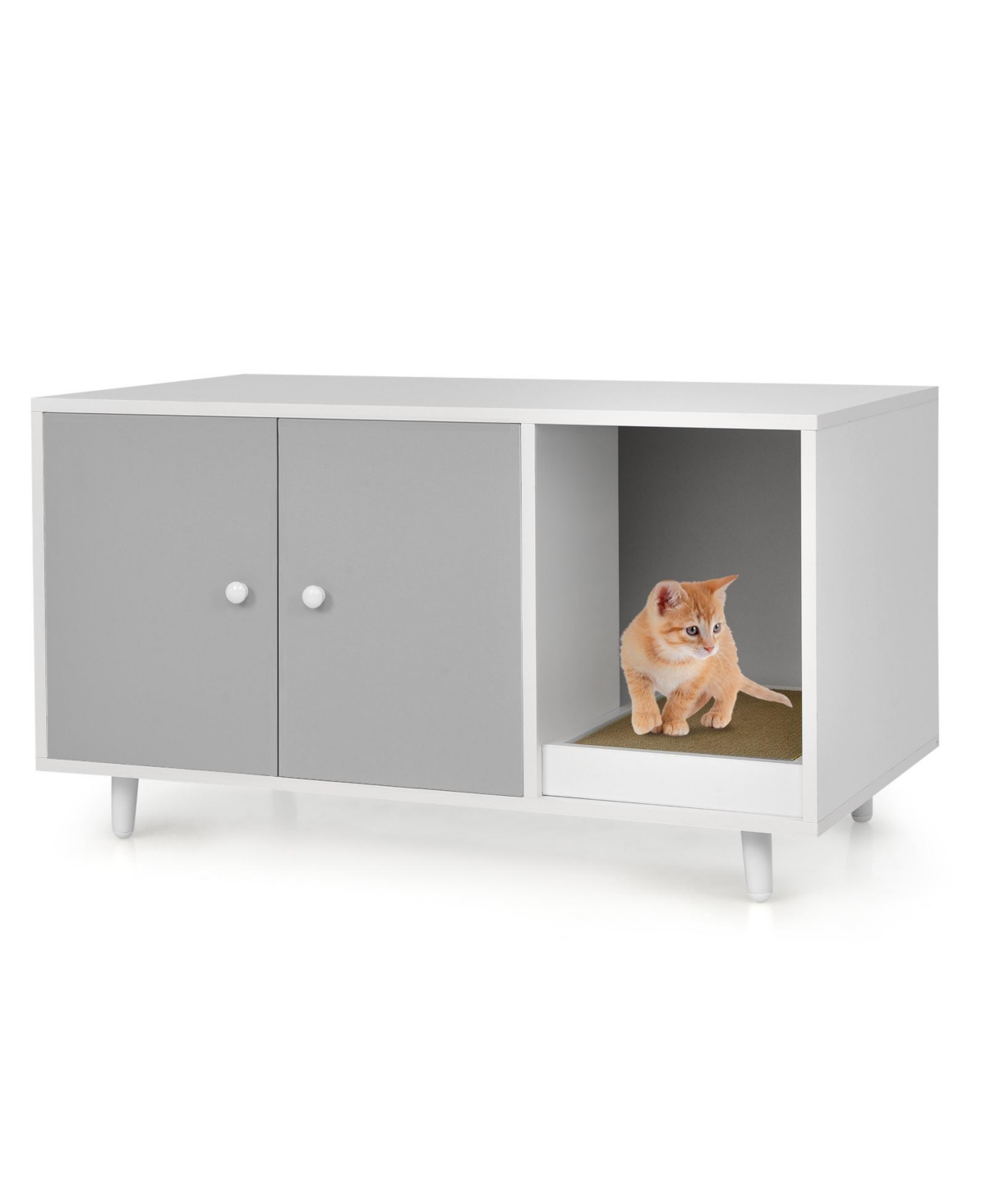 Cat Litter Box Enclosure with Divider and Double Doors-Gray - Grey