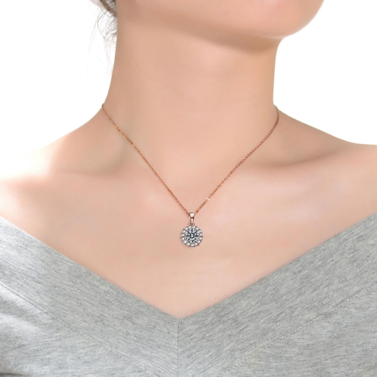 Genevive Sterling Silver with Rose Gold PlatedRound Cubic Zirconia with Small Clear Round Cubic Zirconias Halo Necklace - Pink