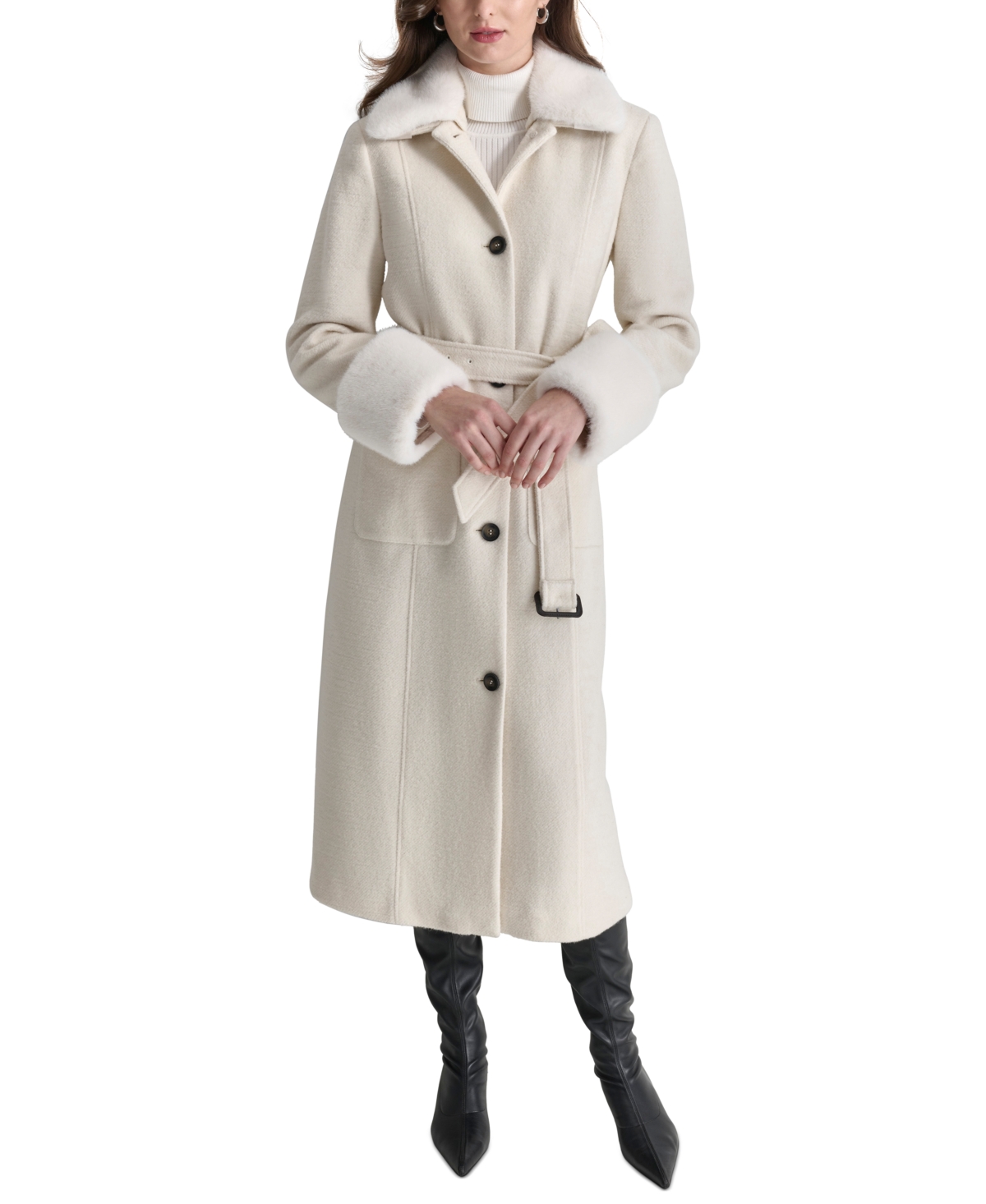 Dkny Women's Faux-fur-trim Single-breasted Belted Coat In Pearl