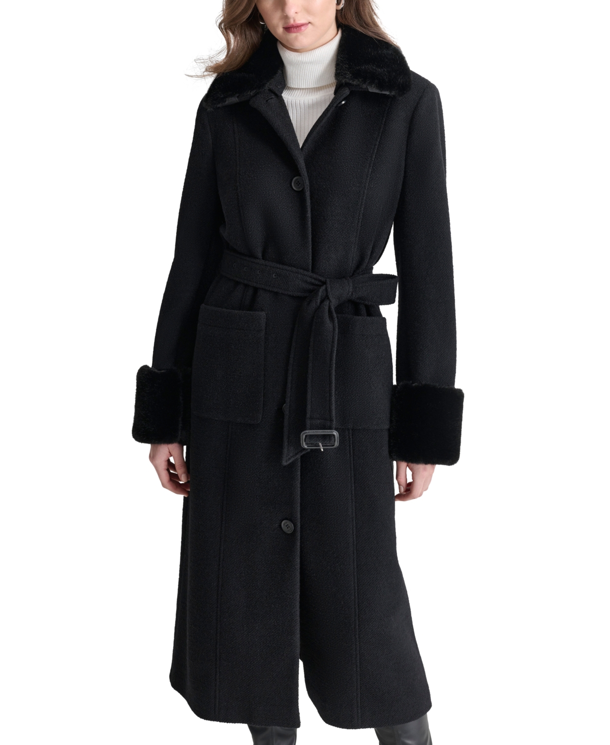 Dkny Women's Faux-fur-trim Single-breasted Belted Coat In Black