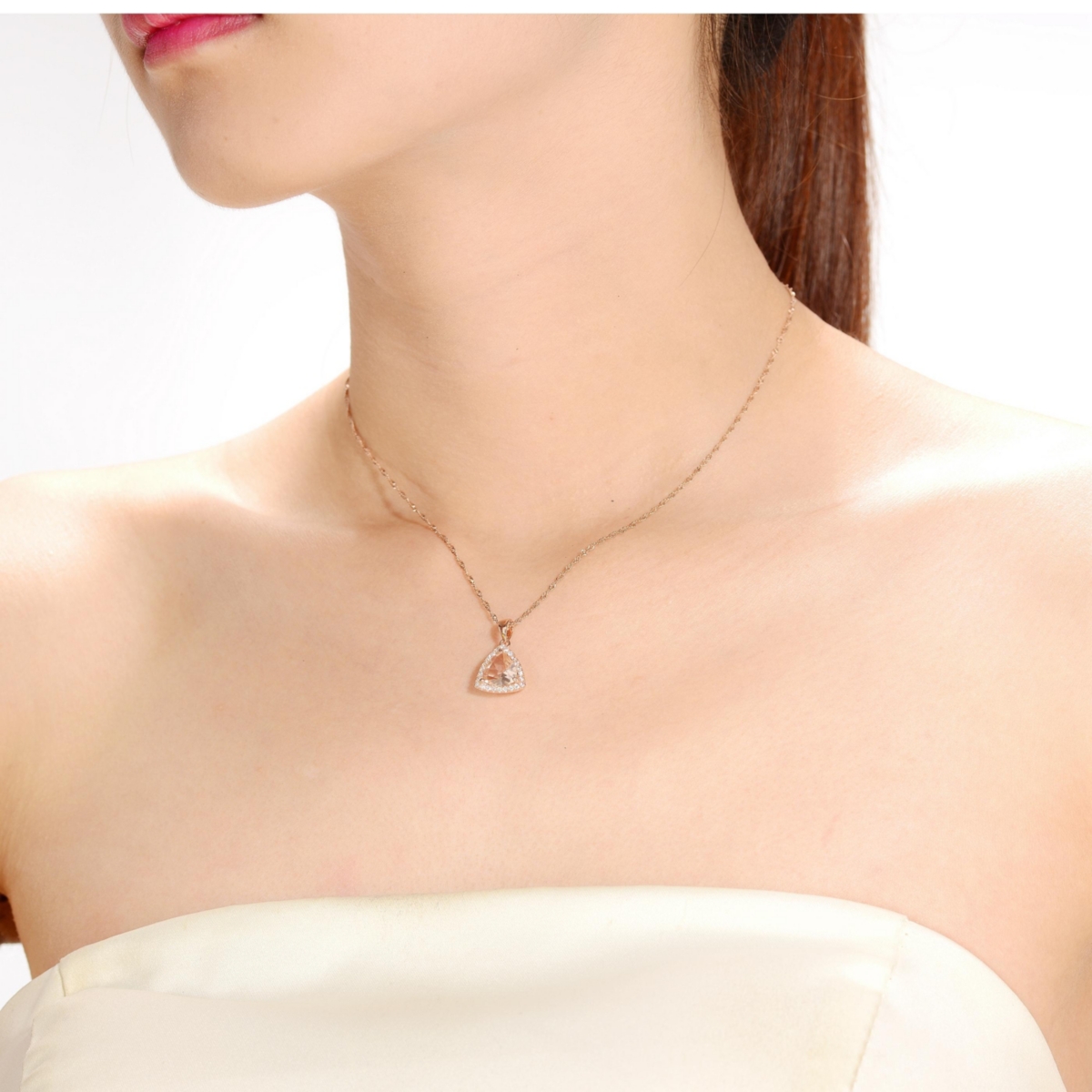 Genevive Sterling Silver 18K Rose Gold Overlay Champagne Cubic Zirconia Triangle Necklace