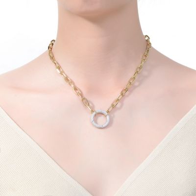 14K Yellow Trendy Gold-plated Chain with Cubic Zirconia Dazzling Circle Pendant in Sterling Silver.