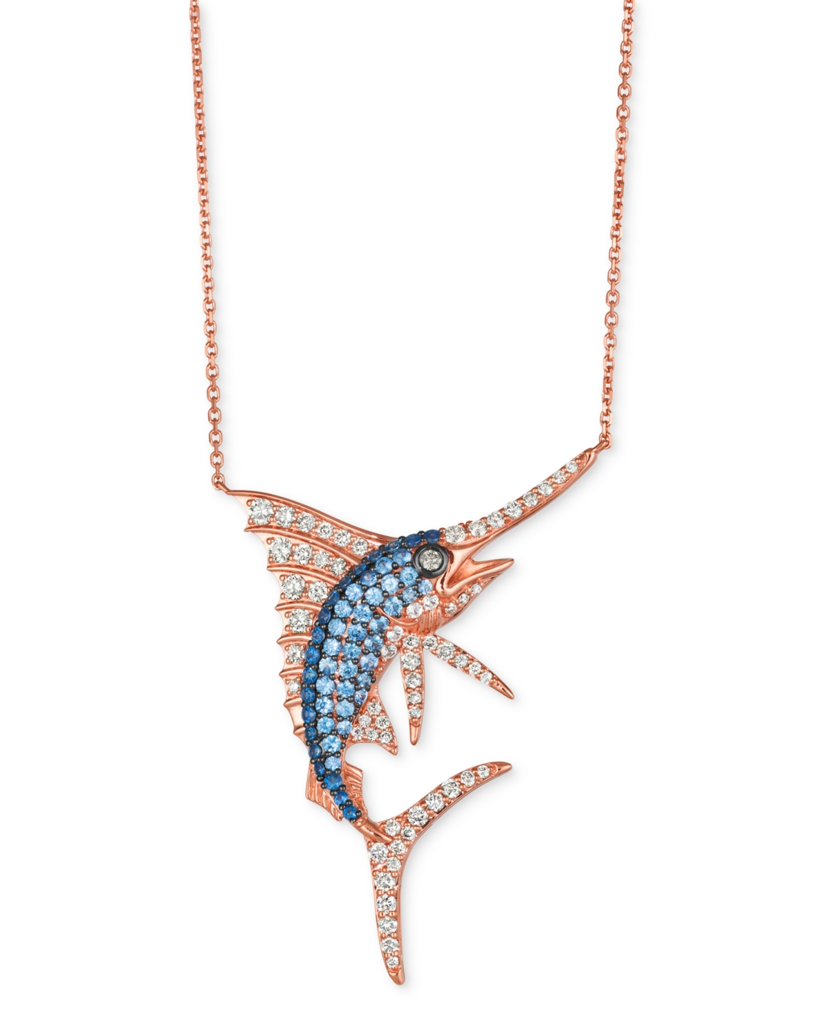 Denim Ombre Sapphire (3/4 ct. t.w.), White Sapphire (1/2 ct. t.w.) & Diamond (1-1/6 ct. t.w.) Swordfish 18" Pendant Necklace in 14k Rose Gold