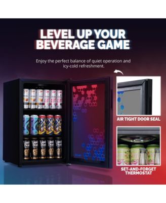 Prismatic Series 85 Can Beverage Refrigerator with RGB HexaColor LED Lights, Gaming Fridge, Mini Fridge for Game Room, Party Festive Holiday Fridge with Remote Control and Adjustable Shelves for Beer, Soda or Other Beverages / Drinks