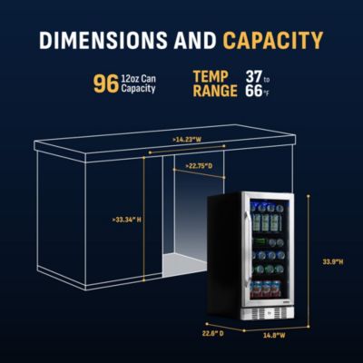 15" Built-in 96 Can Beverage Fridge in Stainless Steel with Precision Temperature Controls and Adjustable Shelves