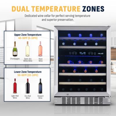 24 inch 46 Bottle Wine Cooler Refrigerator, Built-in Recessed Kickplate, Dual Zone Wine Fridge in Stainless Steel