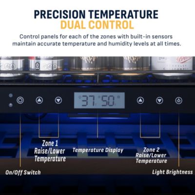 24" Dual Zone Fridge – Holds 24 Wine Bottles & 100 Cans, Quiet Cooling, Charcoal Filter, Door Alarm, Black Stainless Steel.