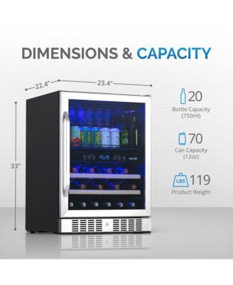 24" Built-in Dual Zone 20 Bottle and 70 Can Wine and Beverage Fridge in Stainless Steel with Split Shelf and Smooth Rolling Shelves
