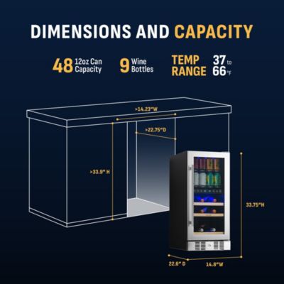 15" Premium Built-in Dual Zone 9 Bottle and 48 Can Wine and Beverage Fridge in Stainless Steel with SplitShelf