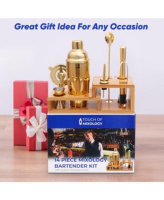 Premium 14 Piece Stainless Steel Bartender Kit with Bamboo Stand (Gold)