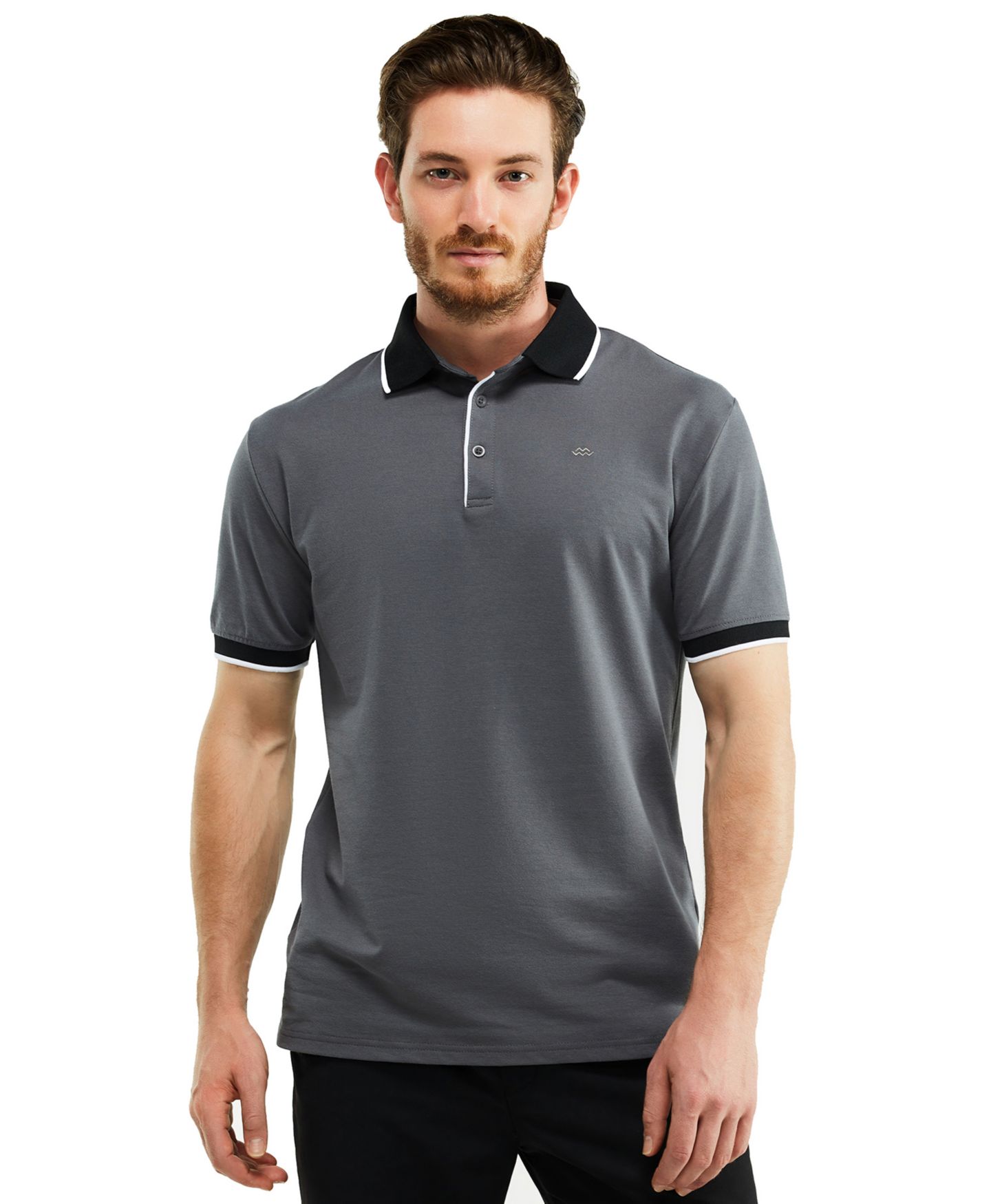 Мужское поло Mio Marino Classic-Fit Cotton-Blend Pique Polo Shirt with Contrast Collar, цвет: Угольный серый — фото 5