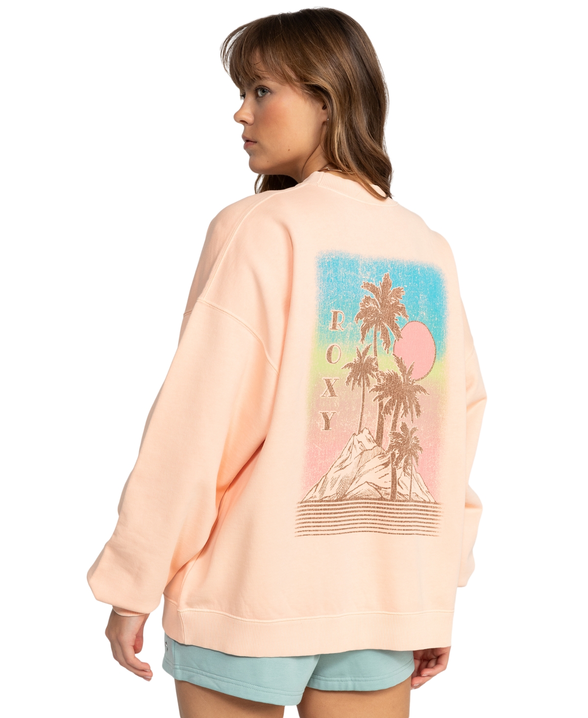 Shop Roxy Juniors' Line Up Oversized Graphic Sweatshirt In Peach Nougat