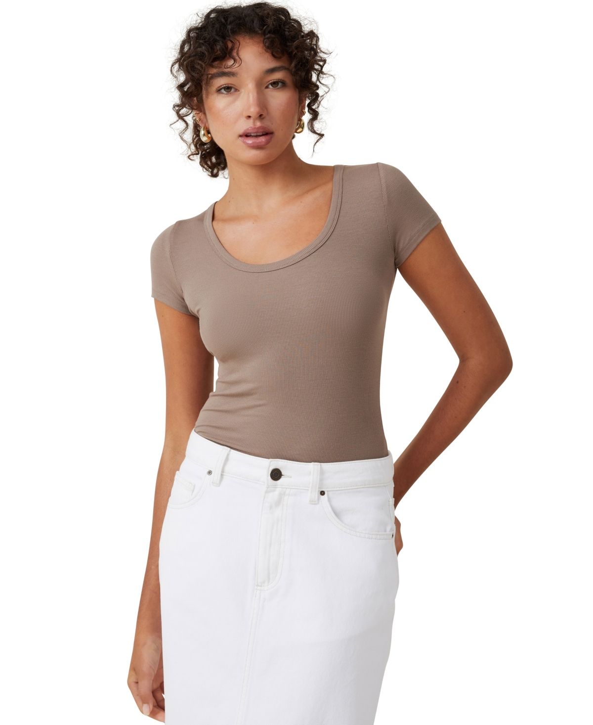 Women's Staple Rib Scoop Neck Short Sleeve Top - Rich Taupe