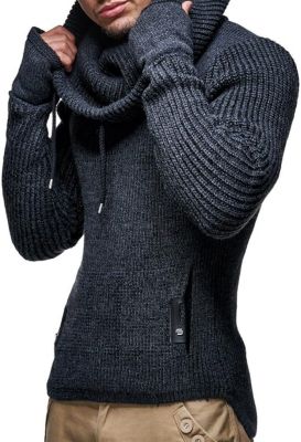 Men's Cowl Neck Knitted Pullover with Thumbhole Cuffs