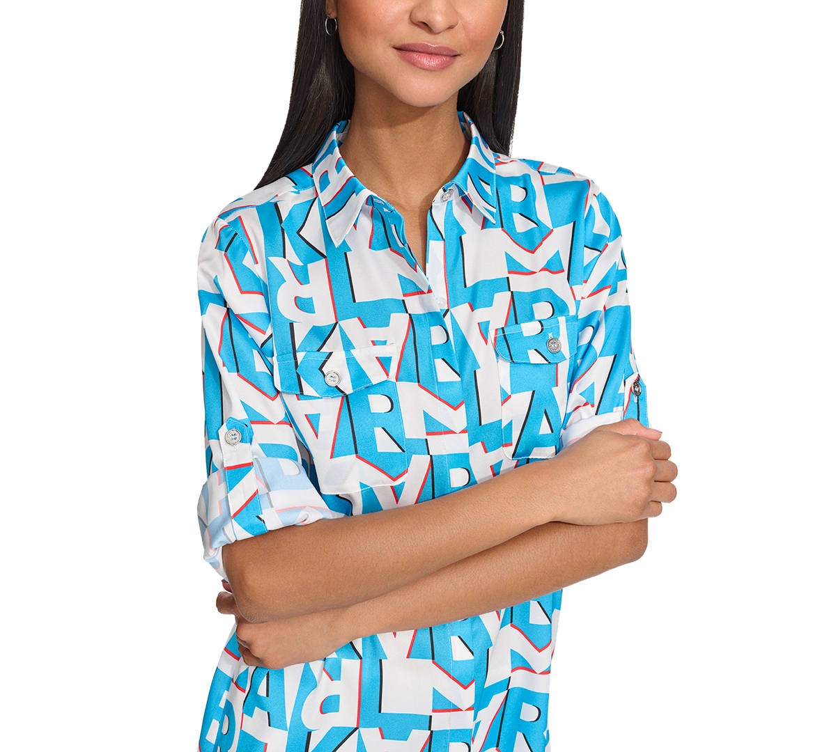 Karl Lagerfeld Paris Women's Whimsical-Print Roll-Sleeve Top - Soft White  Blue