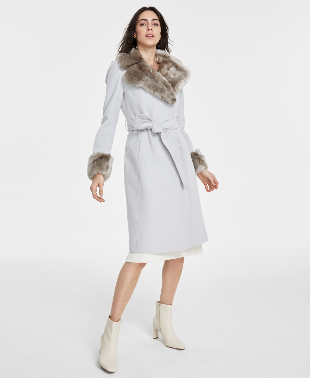 Women's Faux-Fur-Trim Belted Wrap Coat - Truffle