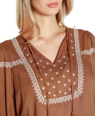 Black Label Embroidered Blouson Tie Neck Top