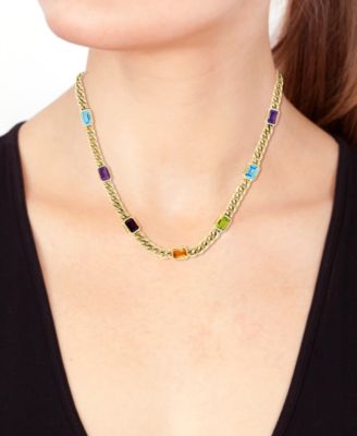 EFFY&reg; Multi-Gemstone Emerald-Cut Cuban Link 18" Statement Necklace (23-5/8 ct. t.w.) in Gold-Plated Sterling Silver