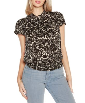 Black Label Embellished Printed Cap-Sleeve Blouse