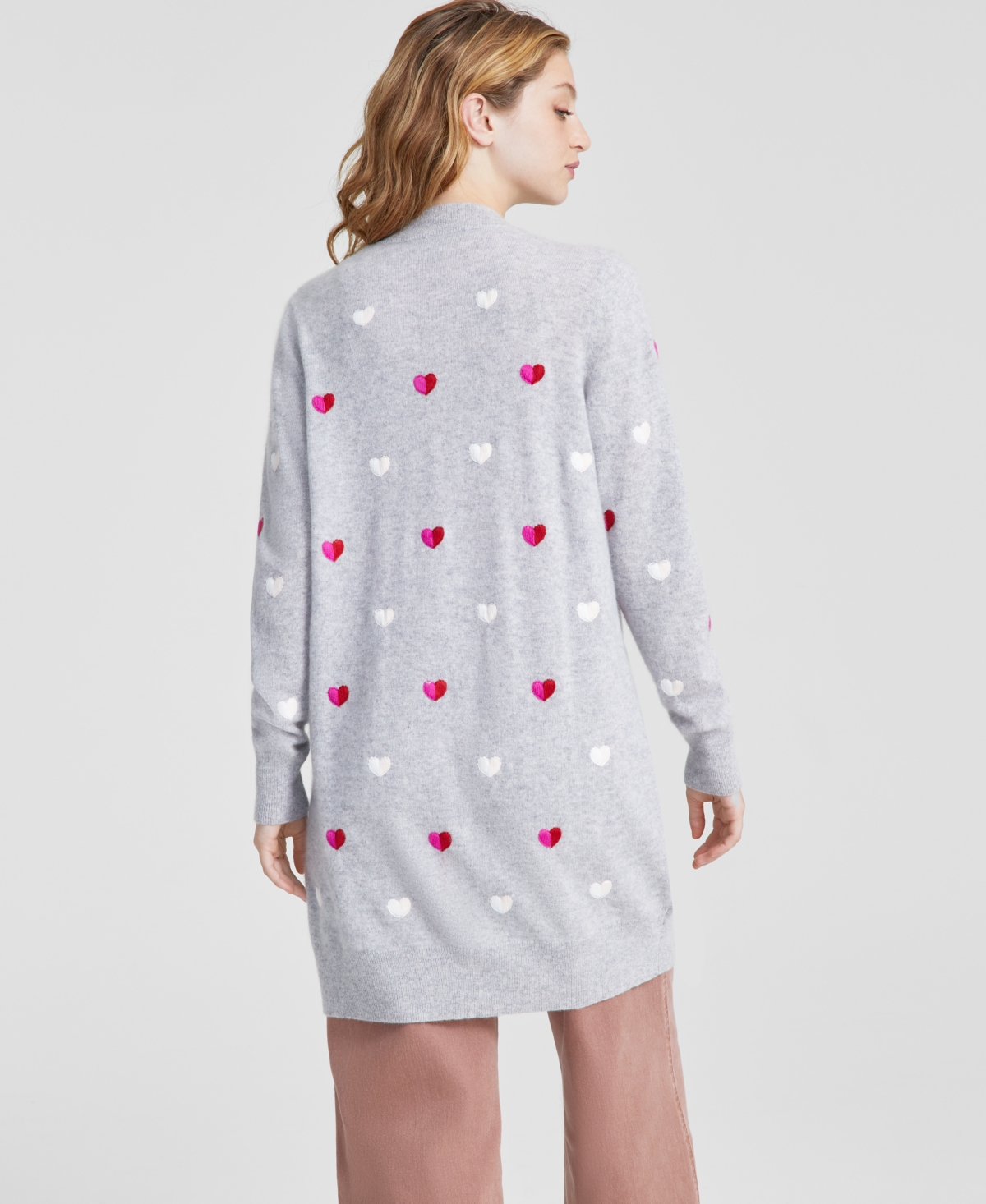 Charter Club Women's Petite Cashmere Heart-embroidered Long Open Cardigan, Created For Macy's In Ice Grey Heather Combo