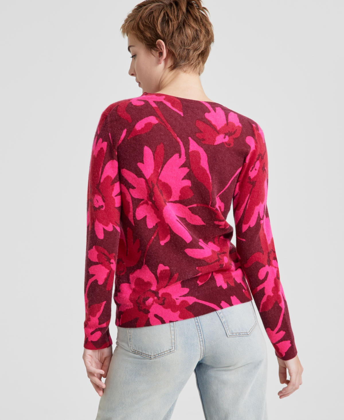 Charter Club Women's 100% Cashmere Floral-Print Long-Sleeve Sweater, Created for Macy's