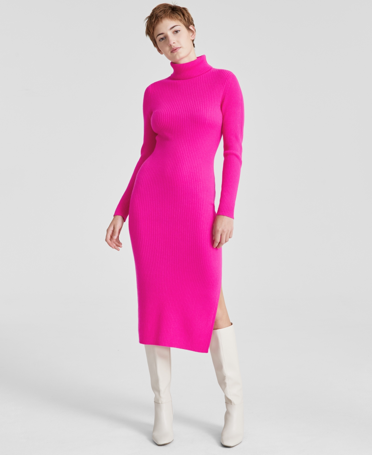Charter Club Women s 100 Cashmere Turtleneck Midi Sweater Dress Regular Petites Created for Macy s Fierce Pink Smart Closet