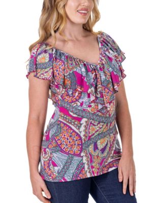 Cap Sleeve Print Ruffle V Neck Top