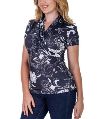 Print Short Sleeve V Neck Wrap Top