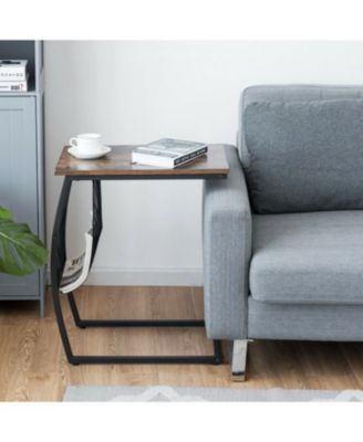 C-shaped Vintage End Table with Side Pocket and Metal Frame