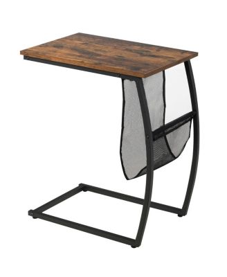 C-shaped Vintage End Table with Side Pocket and Metal Frame