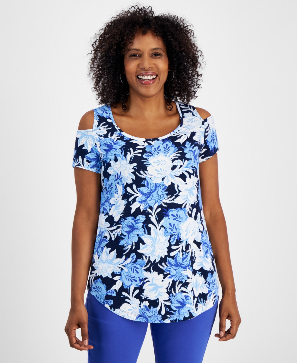 Women's Printed Short-Sleeve Cold-Shoulder Top, Created for Macy's - Floral Blue Combo