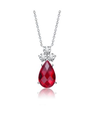 Sterling Silver White Gold Plated Pear Shaped Pendant Necklace with Colored Cubic Zirconia