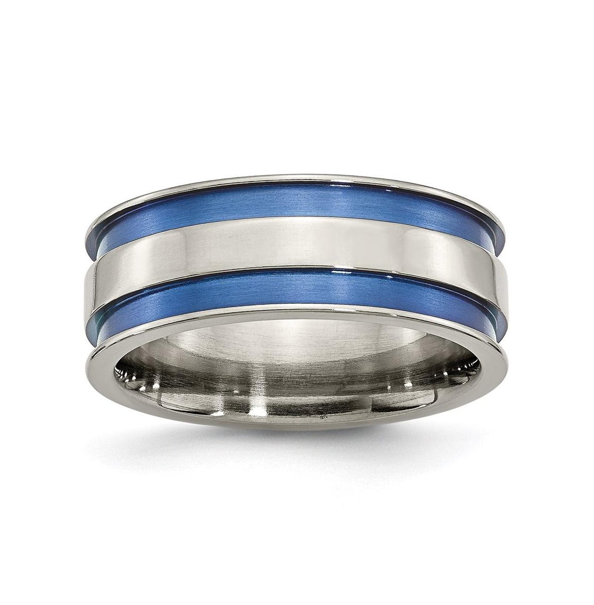 Titanium Polished Blue Anodized 8.5mm Double Grooved Band Ring - Blue